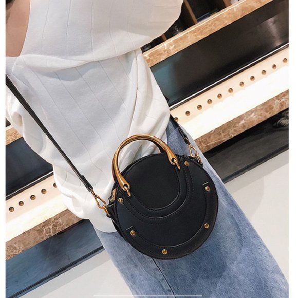 Black Leather Circle Bag - Crossbody Small Leather Bag - Round Shoulder Bag - Picture 7 of 9